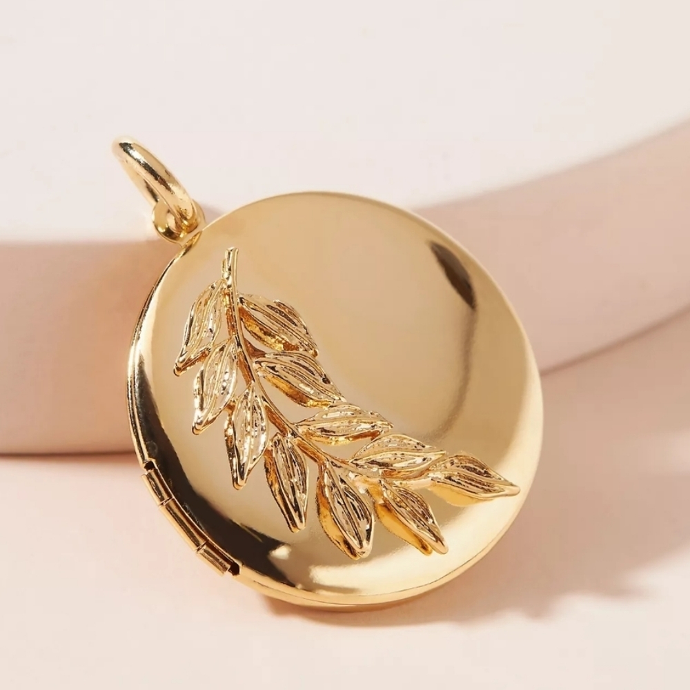Anthropologie Polished Gold Leaf Round Locket Pendant
